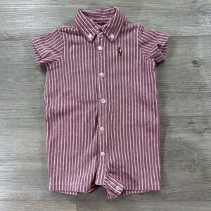 Ralph Lauren 3M Red Stripe One Piece Romper Polo Shortall Flesh Pony